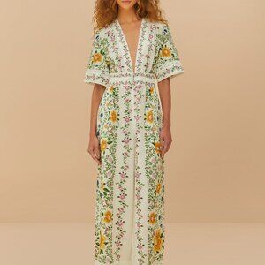 FARM Rio Off-White Folk Floral LENZING™ ECOVERO™ Euroflax™ Jumpsuit Size MFOLK F